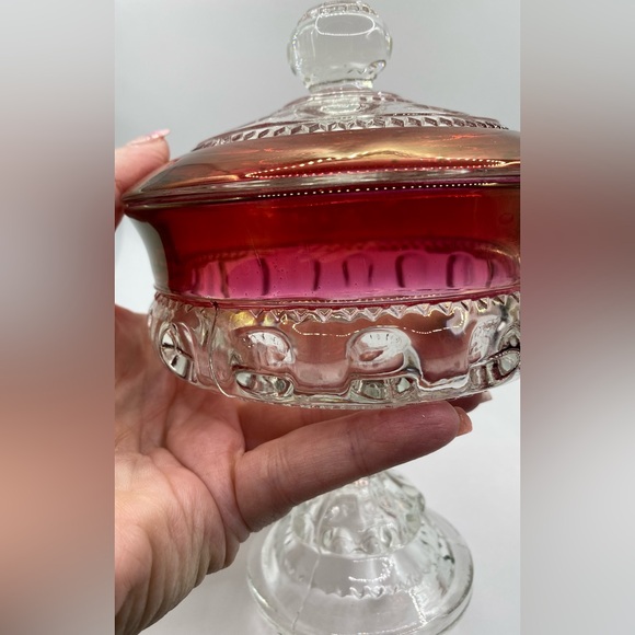 Tiffin-Franciscan Kings Crown Thumbprint Ruby Flashed Lidded Compote Candy Dish - Picture 11 of 13
